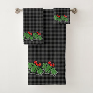 Dark Gray Plaid with Holly Sprigs Bath Towel Set