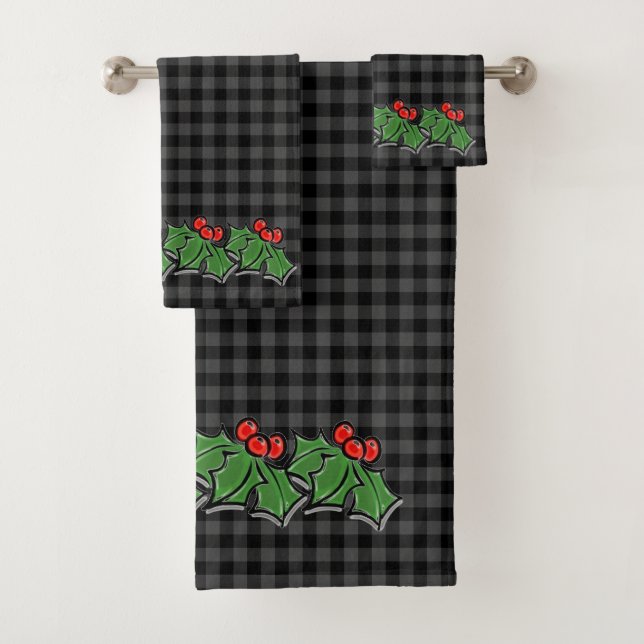 Dark Gray Plaid with Holly Sprigs Bath Towel Set (Insitu)