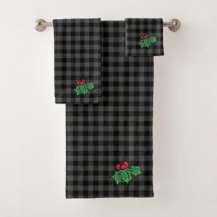 Dark Gray Plaid with Holly Sprigs Bath Towel Set