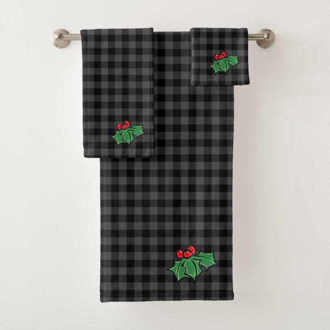 Dark Gray Plaid with Holly Sprigs Bath Towel Set (Insitu)