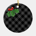 Dark Gray Plaid with Holly Sprigs Ceramic Ornament
