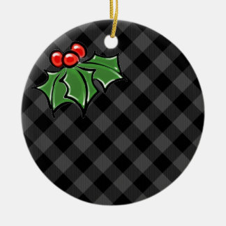 Dark Gray Plaid with Holly Sprigs Ceramic Ornament