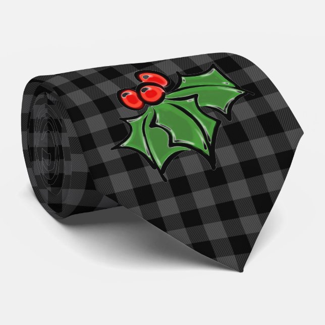 Dark Gray Plaid with Holly Sprigs Tie (Rolled)
