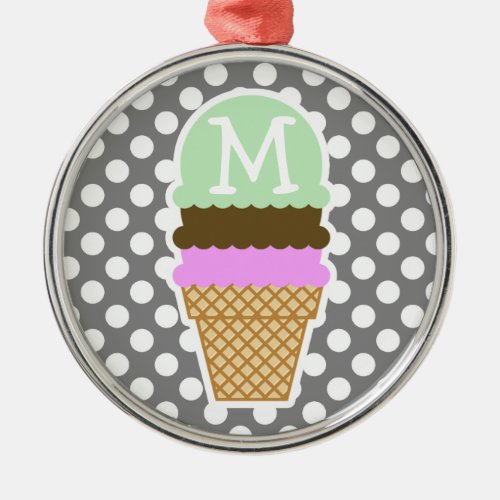 Dark Gray Polka Dots Ice Cream Cone Metal Ornament