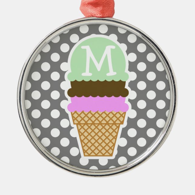 Dark Gray Polka Dots; Ice Cream Cone Metal Ornament (Front)