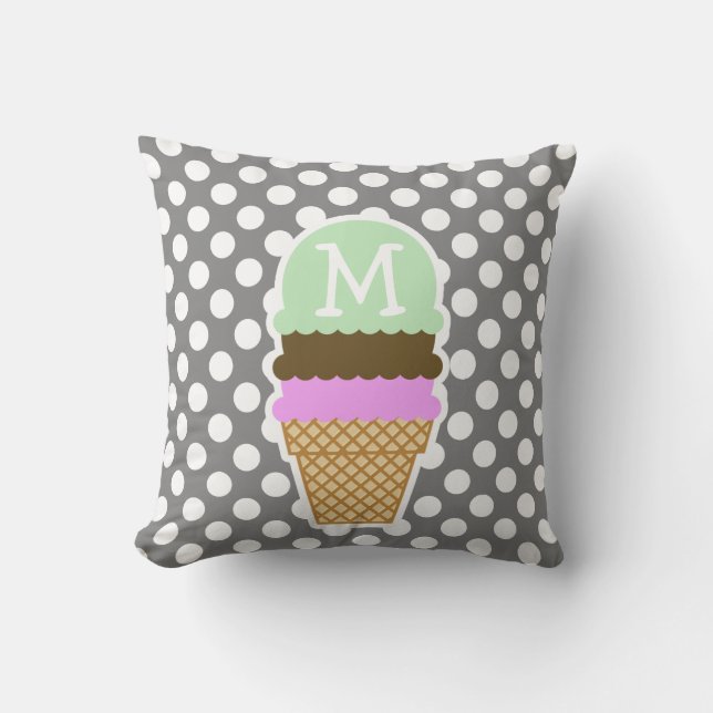 Dark Gray Polka Dots; Ice Cream Cone Throw Pillow (Front)