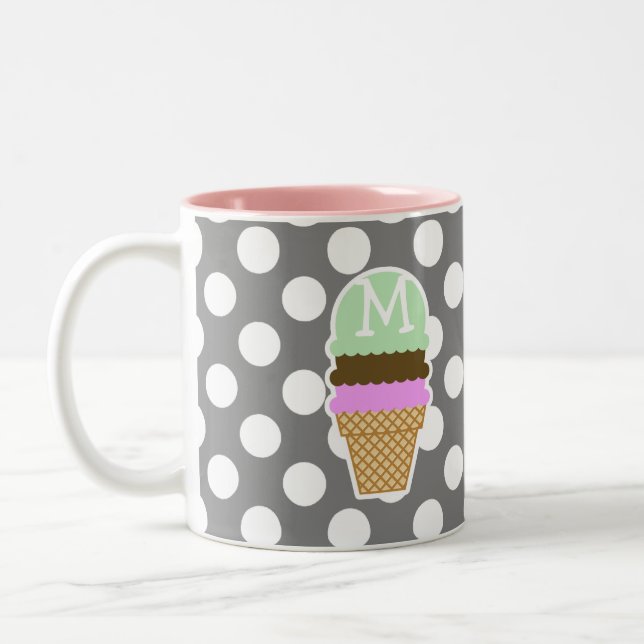 Dark Gray Polka Dots; Ice Cream Cone Two-Tone Coffee Mug (Left)
