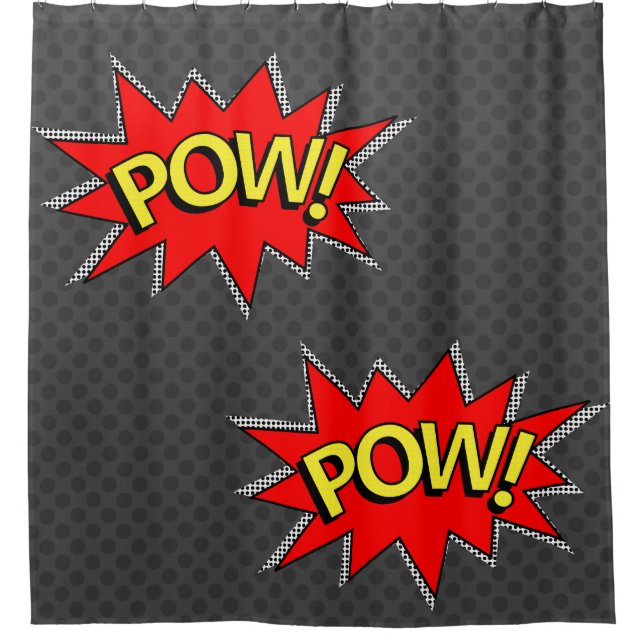 Dark Gray - "POW!" "POW!"Comic Book Superhero Shower Curtain (Front)