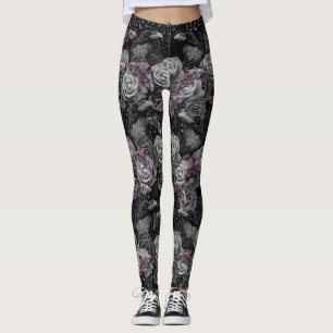 Dark Gray Raven Evermore with Roses and Hawkmoths Leggings
