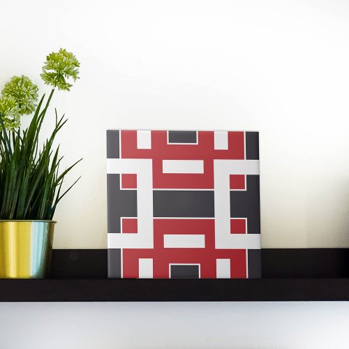Dark Gray Red and White Abstract Mosaic Geometric Ceramic Tile