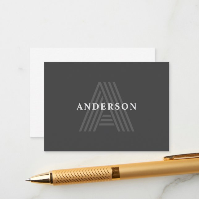 Dark Gray Retro Modern Monogrammed Name Enclosure Card (Front/Back In Situ)