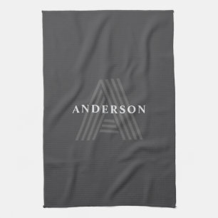 Dark Gray Retro Modern Monogrammed Name Kitchen Towel