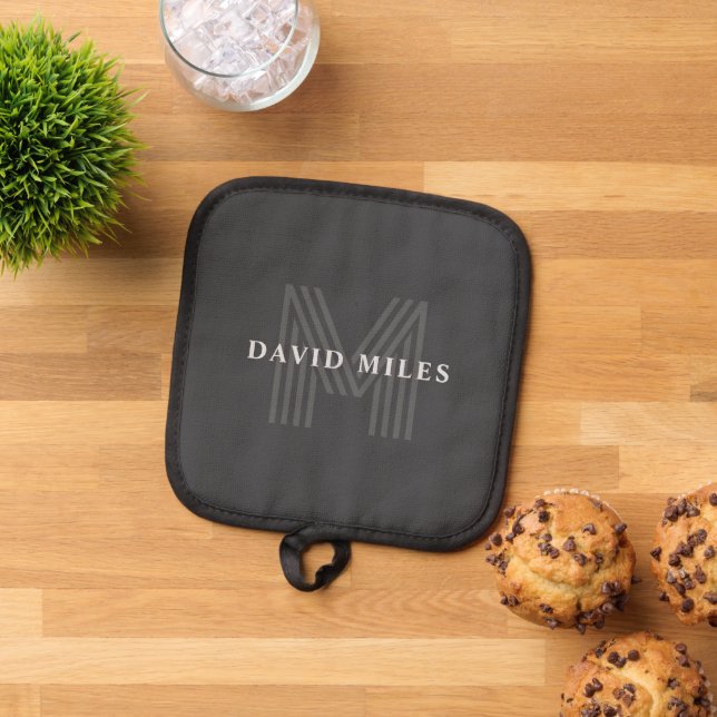 Dark Gray Retro Modern Monogrammed Name Pot Holder (Top Down)