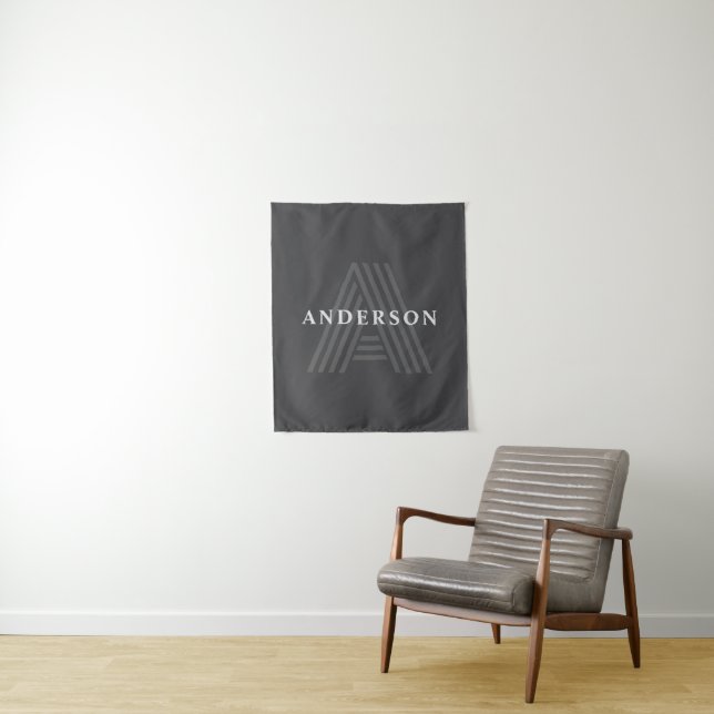 Dark Gray Retro Modern Monogrammed Name Tapestry (In Situ)