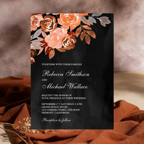 Dark Gray Rustic Earthy Terracotta Floral Wedding Invitation