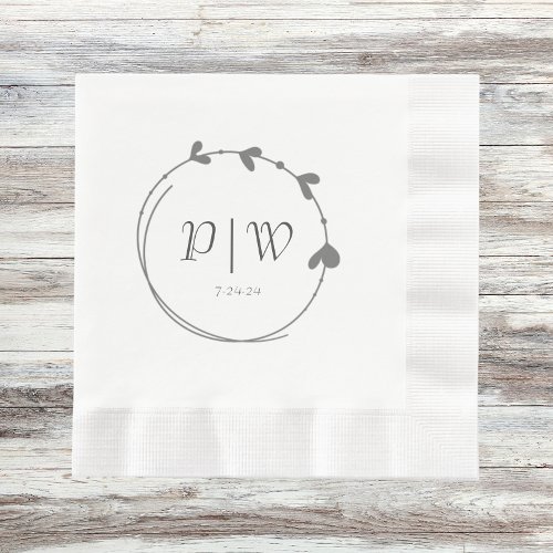 Dark Gray Simple Heart Wreath Initials Wedding Napkins