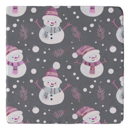 Dark Gray Snowman and Pink Winter Pine Christmas Trivet
