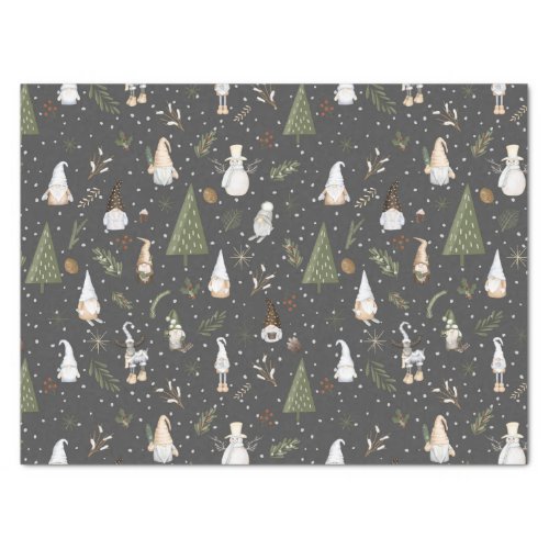 Dark Gray Snowy Forest Christmas Gnomes Pattern Tissue Paper