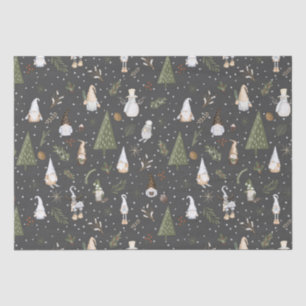 Dark Gray Snowy Forest Christmas Gnomes Pattern Tissue Paper