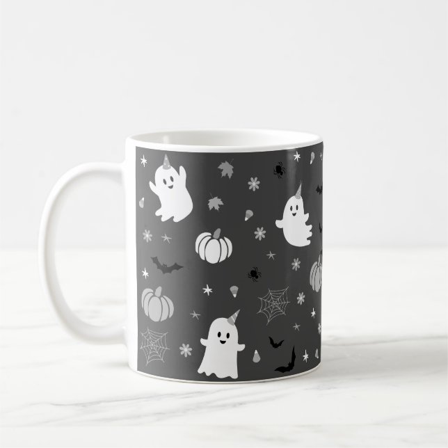 Dark Gray Spooky Ghost Halloween Coffee Mug (Left)