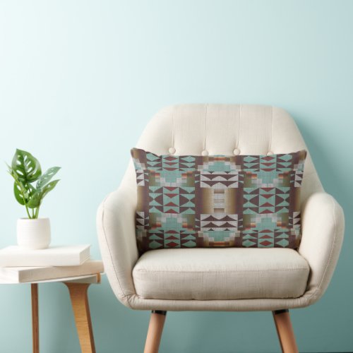 Dark Gray Taupe Tan Brown Teal Blue Tribal Art Lumbar Pillow