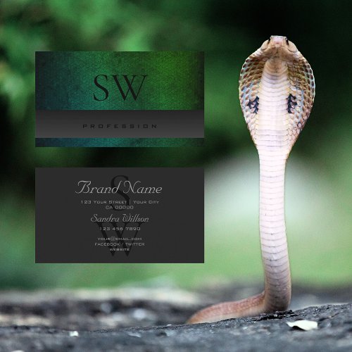 Dark Gray Teal Green Gradient Snake with Initials  Business Card