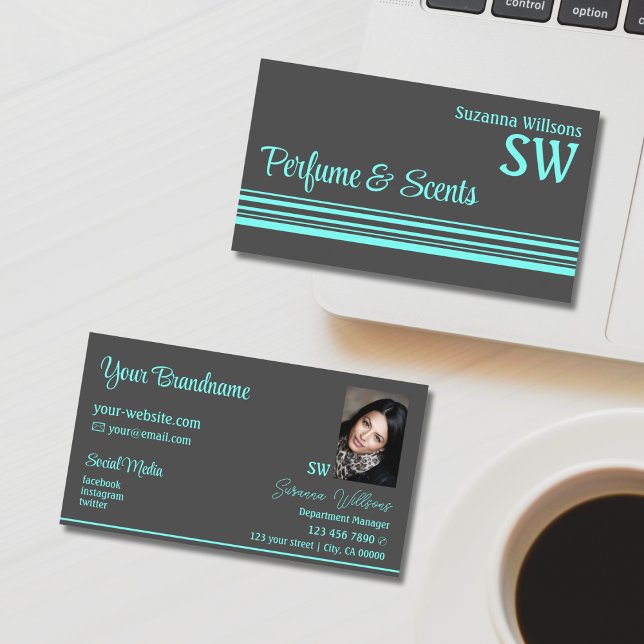 Dark Gray Teal Stripes with Monogram and Photo Business Card (Creator Uploaded)