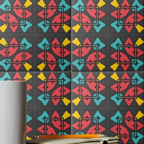Dark Gray Turquoise Red Yellow Abstract Geometric Ceramic Tile