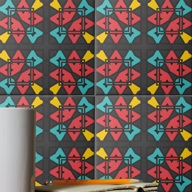 Dark Gray Turquoise Red Yellow Abstract Geometric Ceramic Tile (Creator Uploaded)