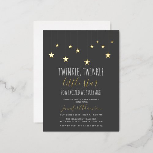 Dark Gray Twinkle Little Star Baby Shower Foil Invitation Postcard