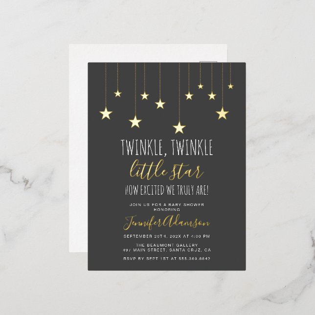 Dark Gray Twinkle Little Star Baby Shower Foil Invitation Postcard (Front/Back)