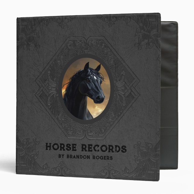 Dark gray vintage leather embossed horse head 3 ri ring binder (Front/Inside)