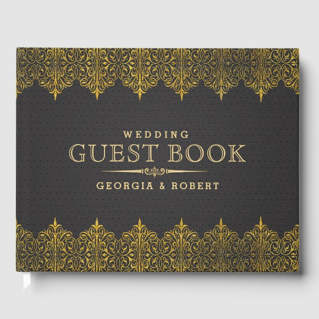 Dark Gray Vintage Leather Gold Frame Guest Book (Front)