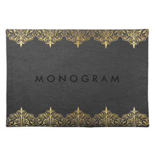 Dark Gray Vintage leather Gold Lace Frame Placemat