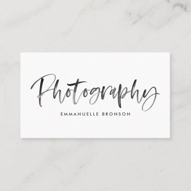 Dark Gray Watercolor Brush Lettering Photographer Business Card (Front)