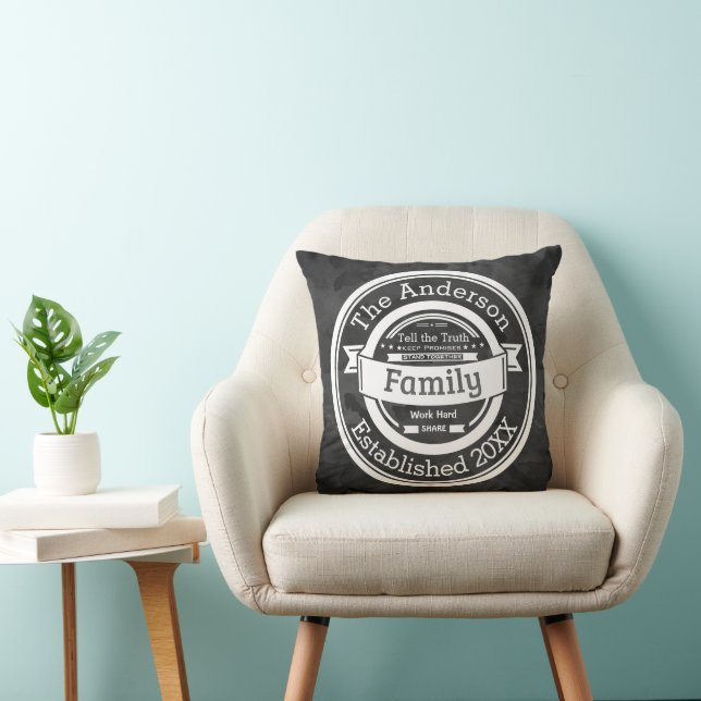 Dark Gray Watercolor Family Rules, Name Year Throw Pillow (Chair)