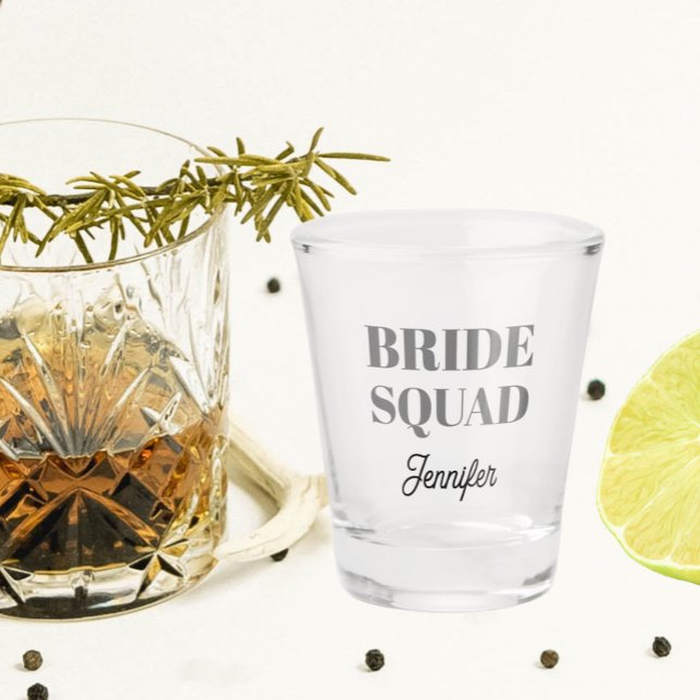 Dark Gray Wedding Bride Squad Personalized Shot Glass (In Situ)