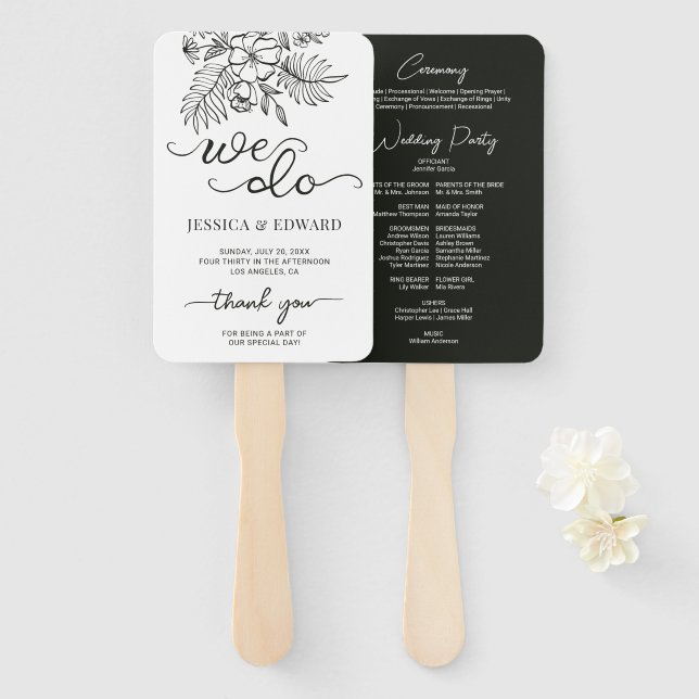 Dark Gray White Floral Elegant Wedding Program  Hand Fan (Front and Back)