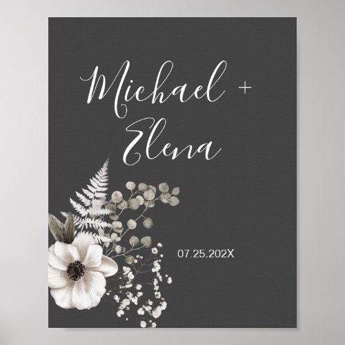 Dark Gray  White Floral Wedding Couple Poster