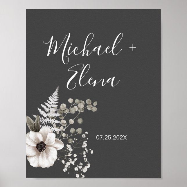 Dark Gray & White Floral Wedding Couple Poster (Front)
