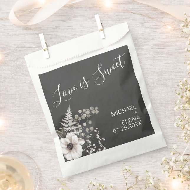 Dark Gray & White Floral Wedding  Favor Bag (Clipped)