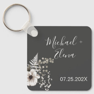 Dark Gray & White Floral Wedding Keychain