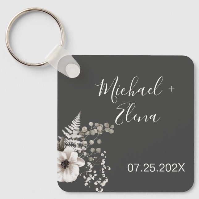 Dark Gray & White Floral Wedding  Keychain (Front)