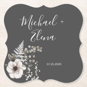 Dark Gray & White Floral Wedding   Paper Coaster