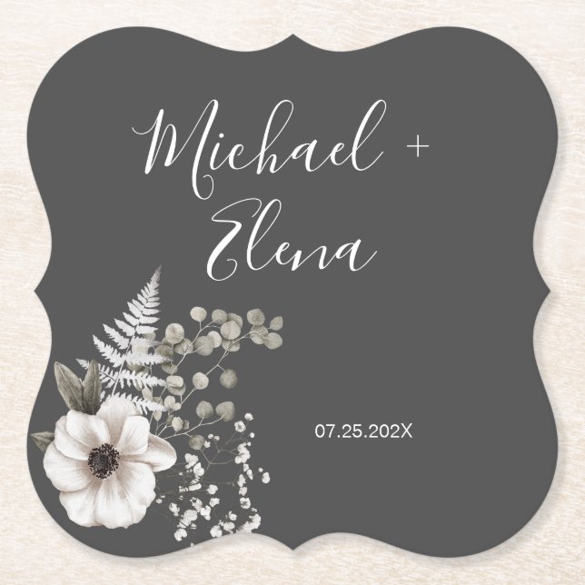 Dark Gray & White Floral Wedding   Paper Coaster (Front)