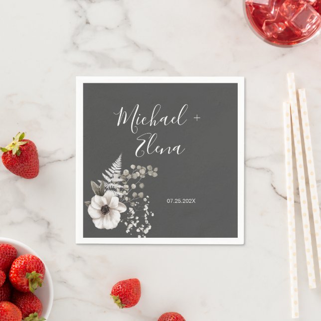 Dark Gray & White Floral Wedding Paper  Napkins (Insitu)