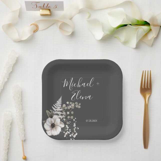 Dark Gray & White Floral Wedding Paper Plates (Wedding)