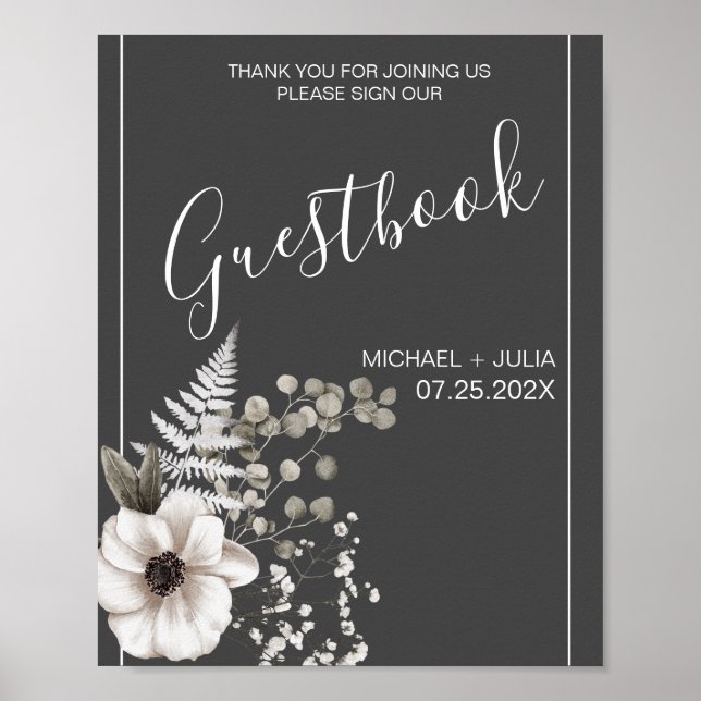 Dark Gray & White Floral Wedding Sign (Front)