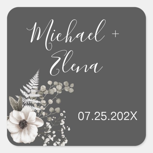 Dark Gray & White Floral Wedding  Square Sticker (Front)