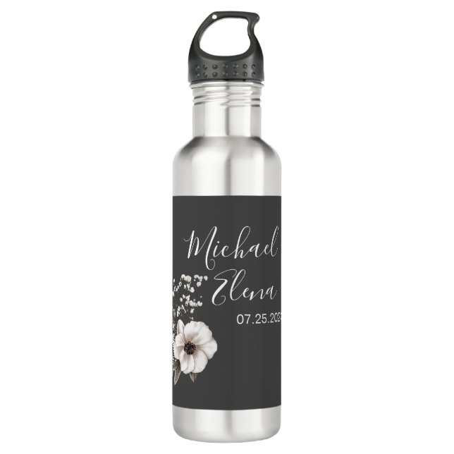 Dark Gray & White Floral Wedding  Stainless Steel Water Bottle (Front)